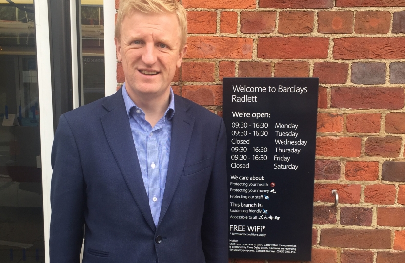 Oliver outside Barclays Bank in Radlett