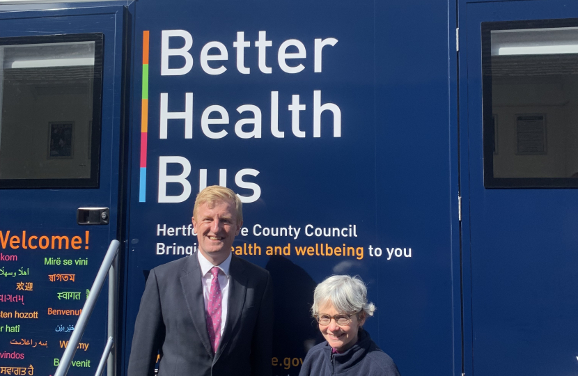 Sir Oliver Dowden MP with Hertfordshire County Council's Better Health Bus team, who offer mobile health checks, support, and advice throughout the county 