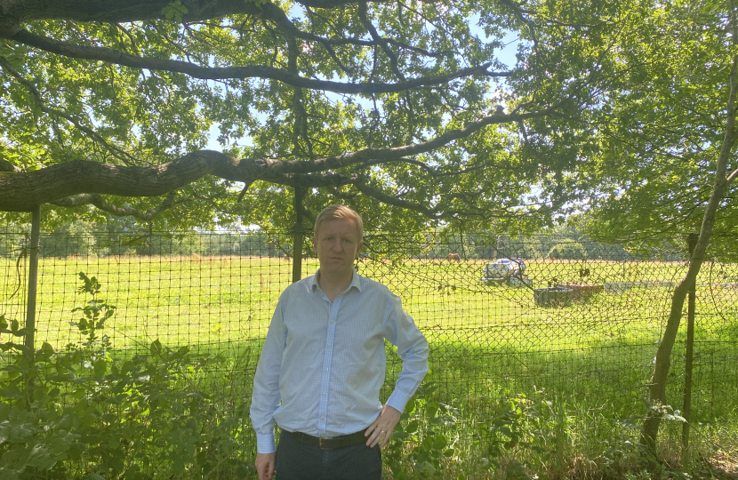 Sir Oliver Dowden MP in front of Horses’ Field off Barnet Lane