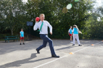 Mr Dowden with pupils at Sacred Heart Primary School playing dodgeball