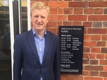 Oliver outside Barclays Bank in Radlett