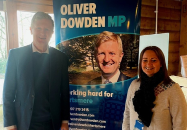 Oliver and Cllr Natalie Susman at Café in the Orchard in Shenley 